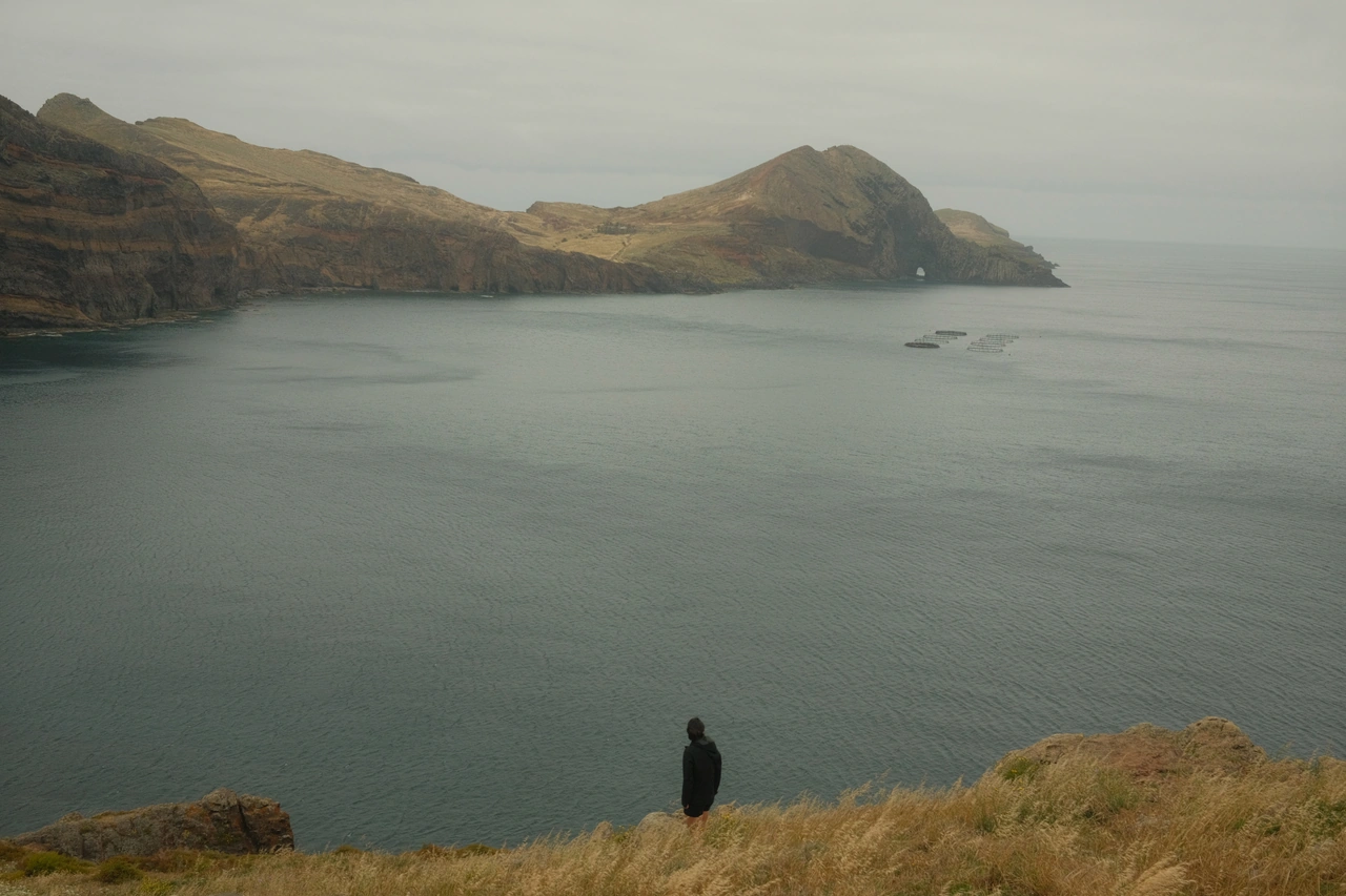 A distant figure overlooking a broad, muted blue bay